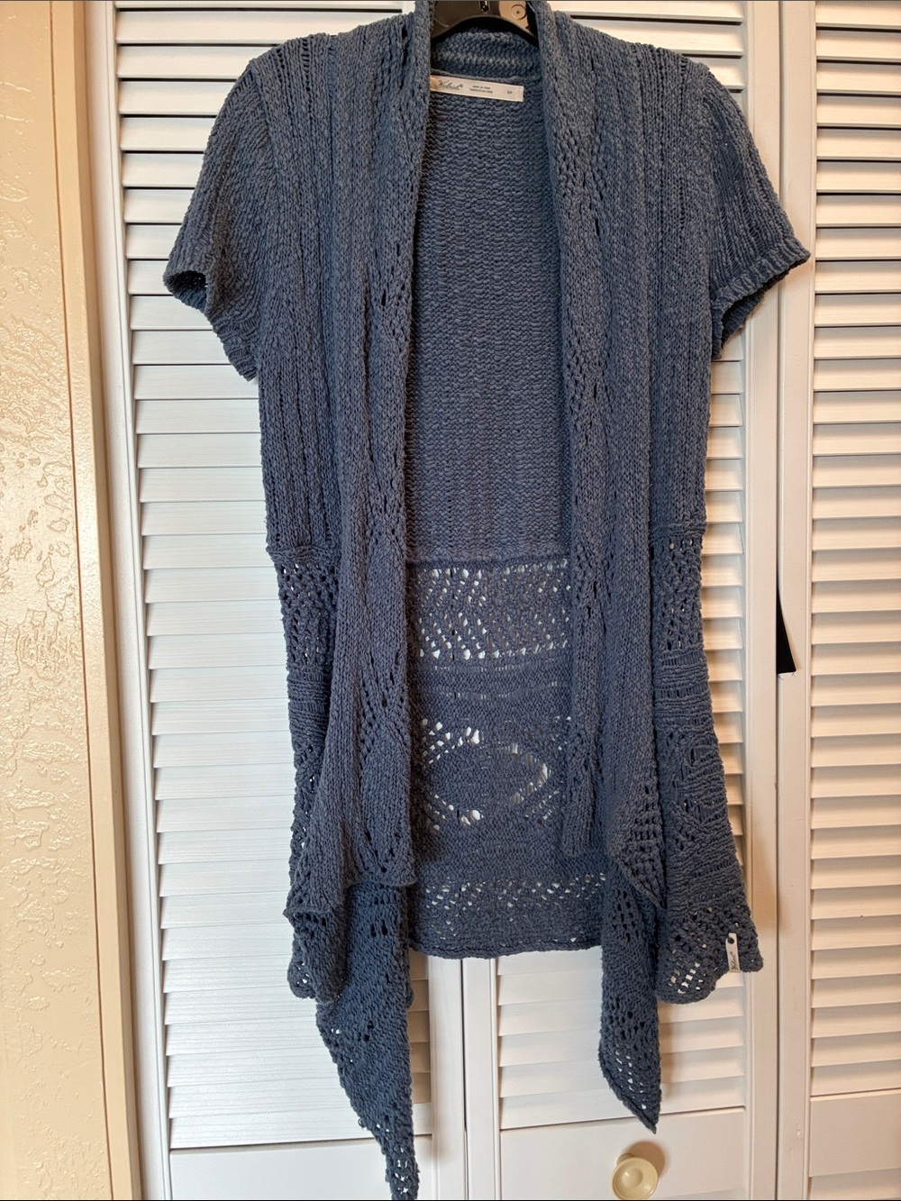 Woolrich Slate Blue Open-Front Short Sleeve Knit Cardigan